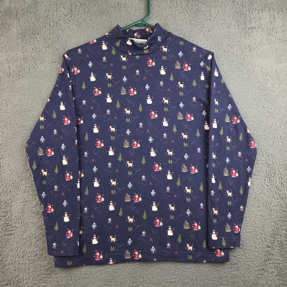 Vintage Christmas Shirt Women's Small Snowman Winter Blue Holiday Santa Claus